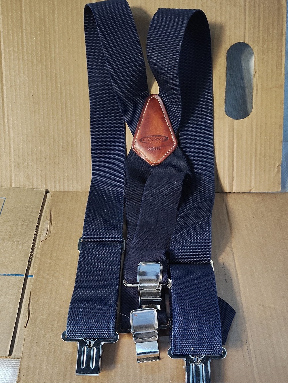 Navy Blue Elastic Suspenders with Leather Y-Back
